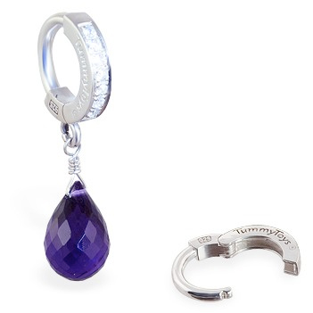 Belly Button Rings. TummyToys Amethyst Briolette Huggy - Amethyst Briolette on a Paved Belly Piercing Clasp