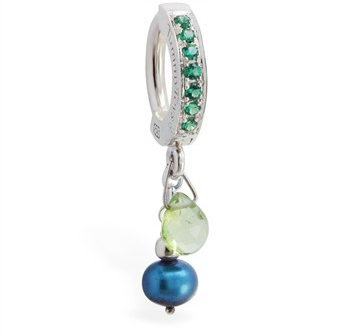 TummyToys® Peridot and Blue Pearl with Emerald Green CZ Clasp. Belly Rings Australia.