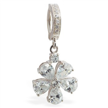 Belly rings. TummyToys CZ Paved Flower Navel Ring - Solid Silver CZ Snap Lock Belly Ring