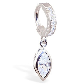 Belly Bars. TummyToys Paved Oval Drop Belly Huggie - Solid Silver CZ Snap Lock Belly Ring