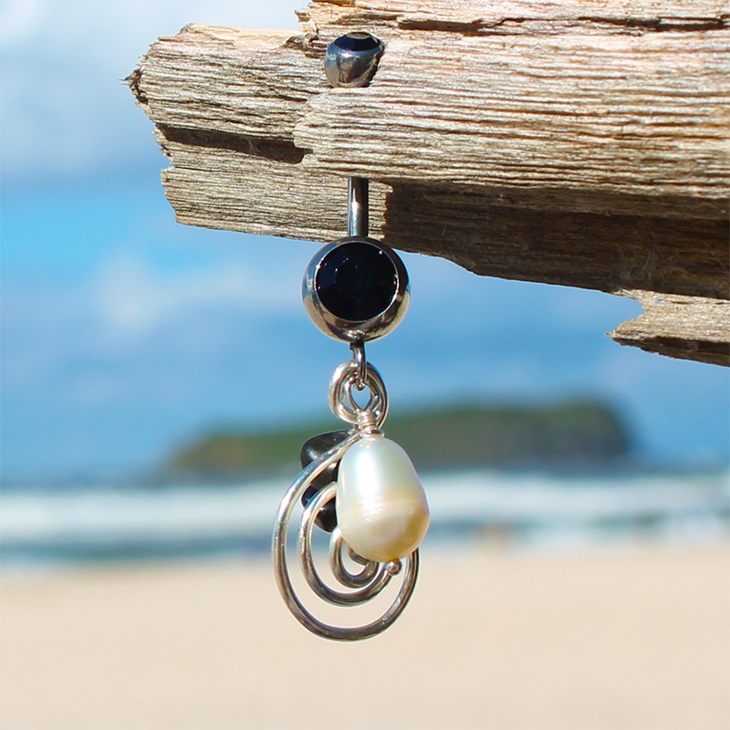 Buy Belly Rings. Saltwater Silver Pearl Onyx Belly Dangle - Solid Silver Hand Crafted Belly Rings