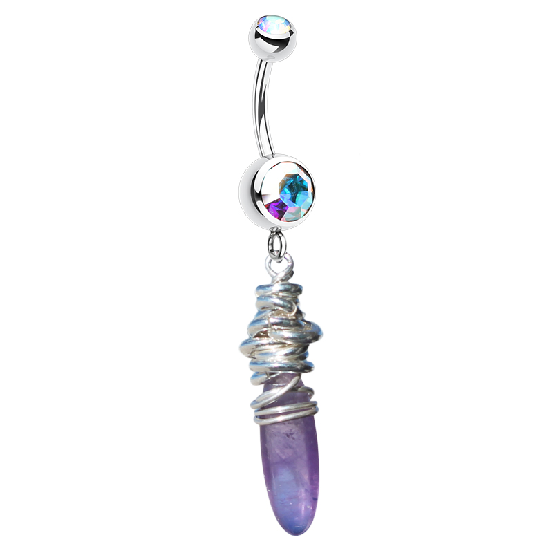 Designer Belly Rings. Saltwater Silver Amethyst Drop Belly Bar - Solid Silver Hand Crafted Belly Rings