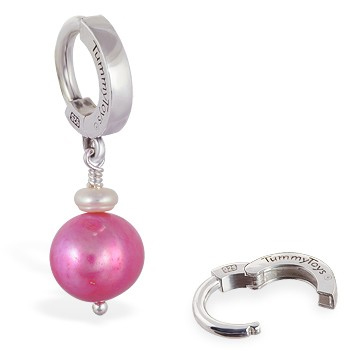 Belly Button Rings. TummyToys Hot Pink Freshwater Pearl Huggy - Solid Silver Clasp with Natural Freshwater Pearl Drop