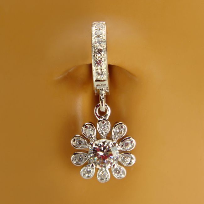 Buy Belly Rings. TummyToys Fancy Flower Cubic Zirconia Belly Ring - Solid Silver CZ Paved Snap Lock Belly Ring Clasp