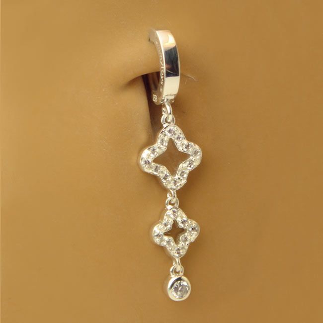 Belly Button Rings. TummyToys Open Cubic Zirconia Clover Drop - Silver Snap Lock Belly Button Rings