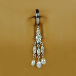 TummyToys® Fresh Water Pearl Chandeleir Drop - Vintage Style Silver Snap Lock Belly Ring